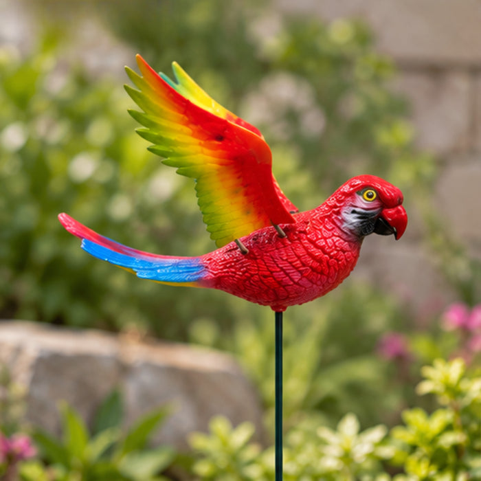 Flying Parrot Garden Stakes (Set of 2) – Blue & Red Tropical Bird Sticks with Metal Ground Stake for Lawn Borders & Patio Pots