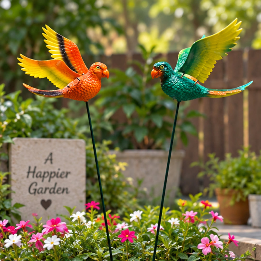 Vibrant Flying Parrot Garden Stakes (Set of 2) – Yellow & Green Tropical Macaw Bird Sticks for Garden Beds & Patio Greenery