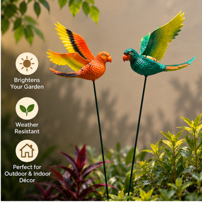 Vibrant Flying Parrot Garden Stakes (Set of 2) – Yellow & Green Tropical Macaw Bird Sticks for Garden Beds & Patio Greenery