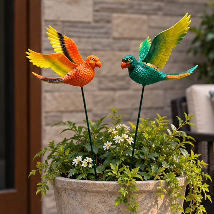 Vibrant Flying Parrot Garden Stakes (Set of 2) – Yellow & Green Tropical Macaw Bird Sticks for Garden Beds & Patio Greenery