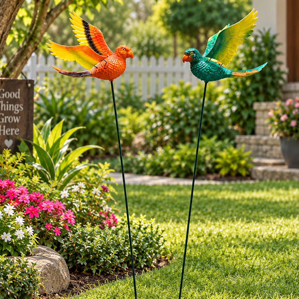 Vibrant Flying Parrot Garden Stakes (Set of 2) – Yellow & Green Tropical Macaw Bird Sticks for Garden Beds & Patio Greenery