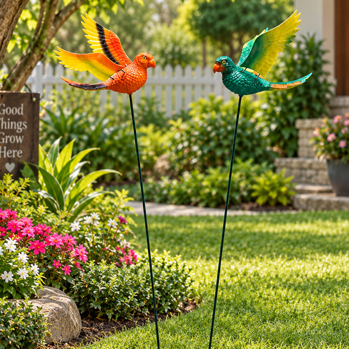 Vibrant Flying Parrot Garden Stakes (Set of 2) – Yellow & Green Tropical Macaw Bird Sticks for Garden Beds & Patio Greenery