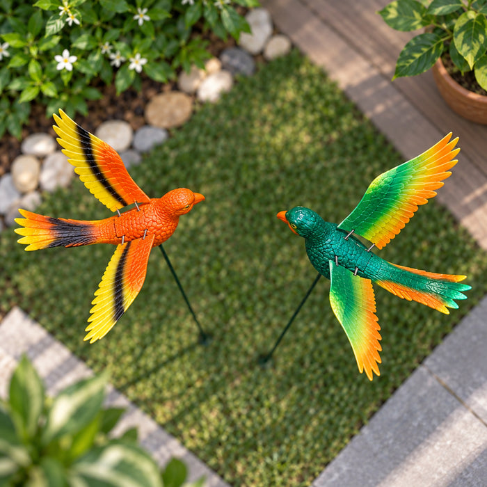 Vibrant Flying Parrot Garden Stakes (Set of 2) – Yellow & Green Tropical Macaw Bird Sticks for Garden Beds & Patio Greenery