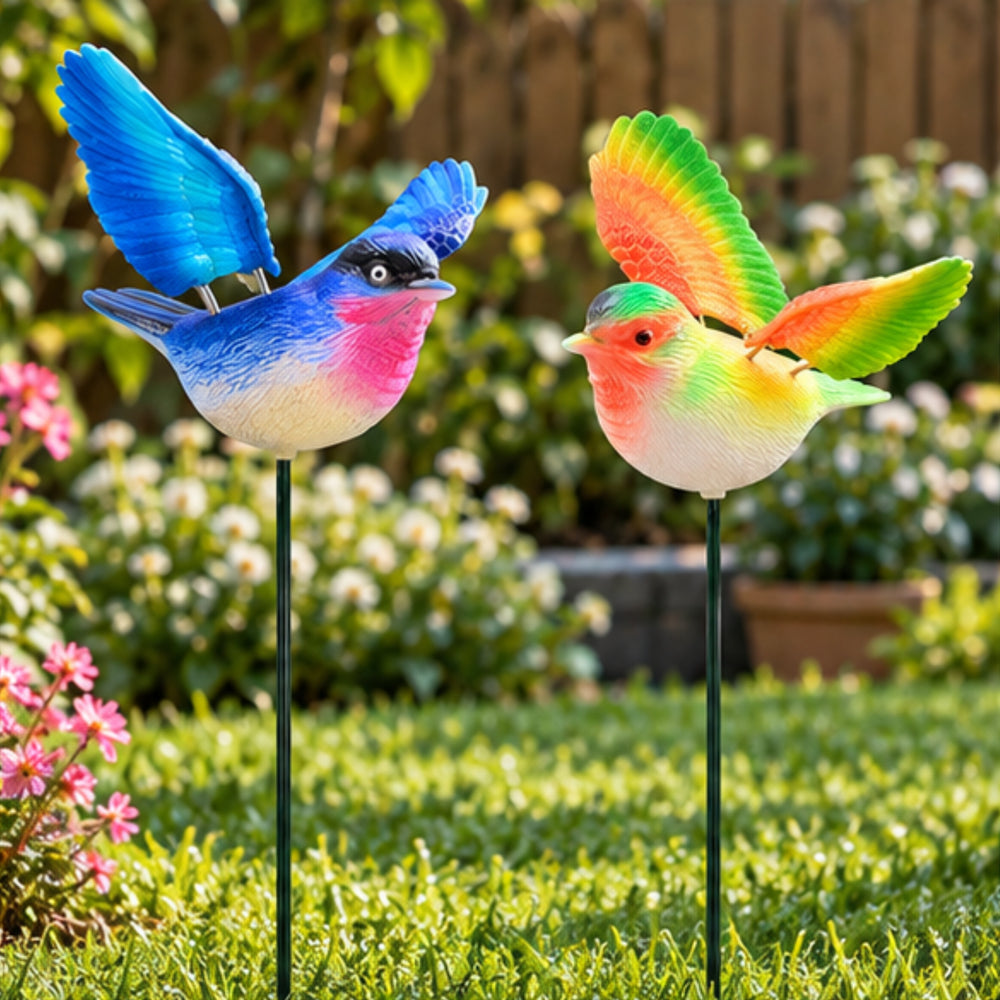 Colorful Flying Bird Garden Stakes (Set of 2) – Green & Purple Songbird Sticks for Potted Plants & Flower Beds