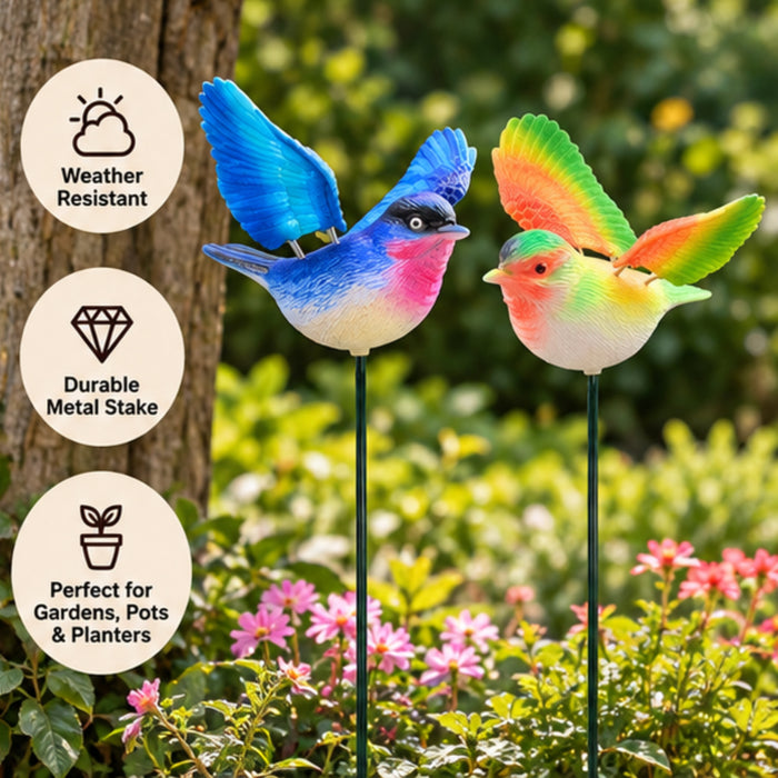 Colorful Flying Bird Garden Stakes (Set of 2) – Green & Purple Songbird Sticks for Potted Plants & Flower Beds