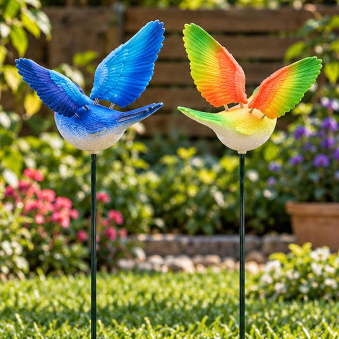 Colorful Flying Bird Garden Stakes (Set of 2) – Green & Purple Songbird Sticks for Potted Plants & Flower Beds