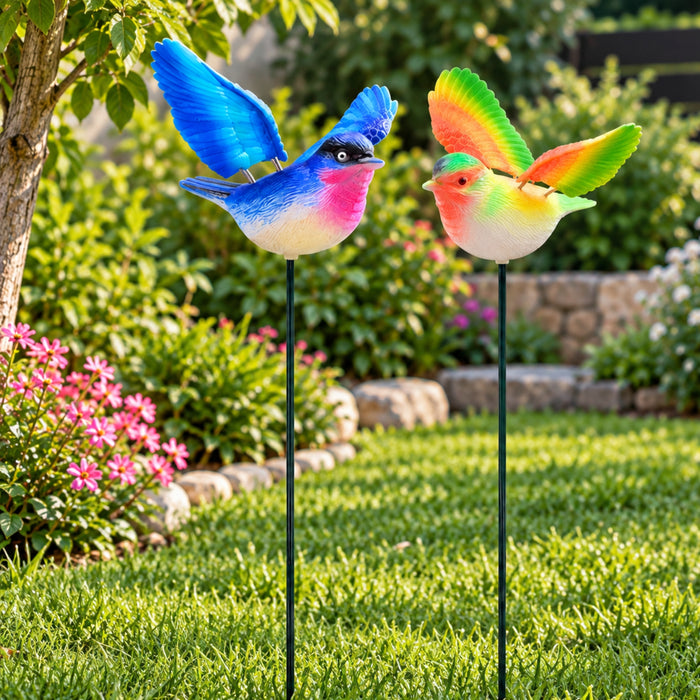 Colorful Flying Bird Garden Stakes (Set of 2) – Green & Purple Songbird Sticks for Potted Plants & Flower Beds