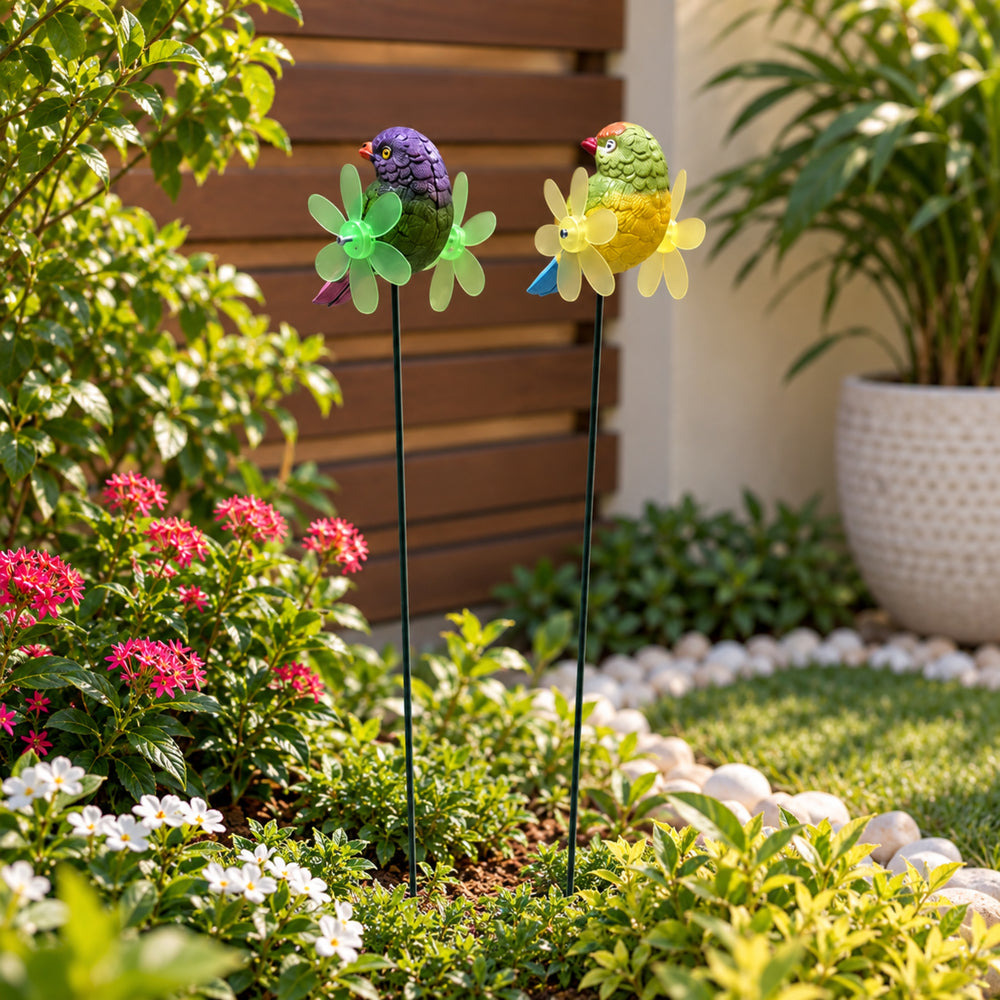 Whimsical Bird Garden Stakes with Kinetic Flower Pinwheels (Set of 2) – Purple & Yellow Songbird Stakes for Planters & Patio