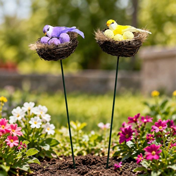Yellow & Purple Bird Nest Garden Stakes (Set of 2) – Decorative Songbird & Egg Nest Sticks for Planters, Balcony & Garden Decor