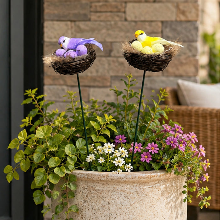 Yellow & Purple Bird Nest Garden Stakes (Set of 2) – Decorative Songbird & Egg Nest Sticks for Planters, Balcony & Garden Decor