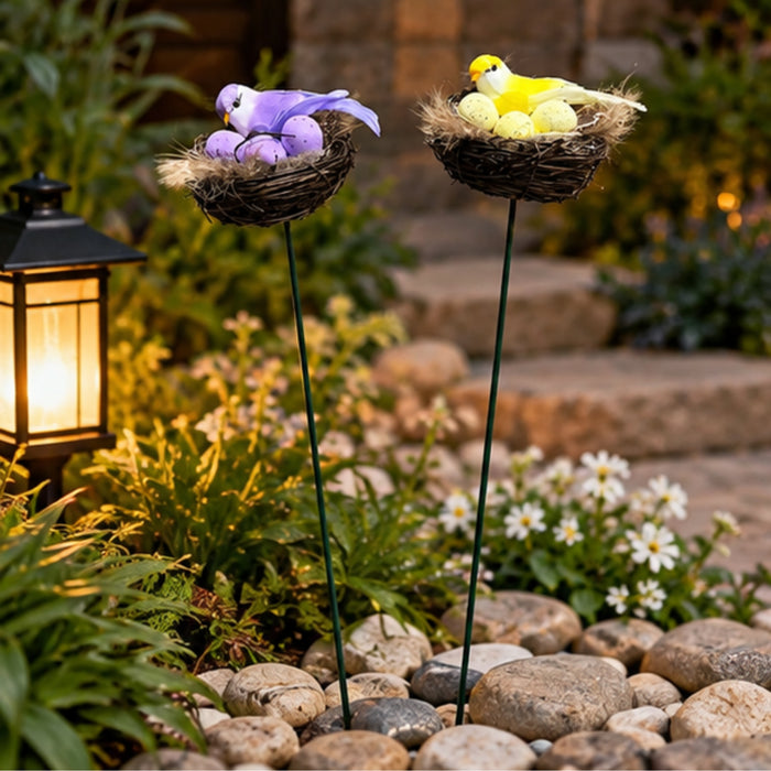 Yellow & Purple Bird Nest Garden Stakes (Set of 2) – Decorative Songbird & Egg Nest Sticks for Planters, Balcony & Garden Decor