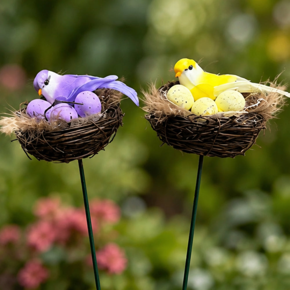 Yellow & Purple Bird Nest Garden Stakes (Set of 2) – Decorative Songbird & Egg Nest Sticks for Planters, Balcony & Garden Decor