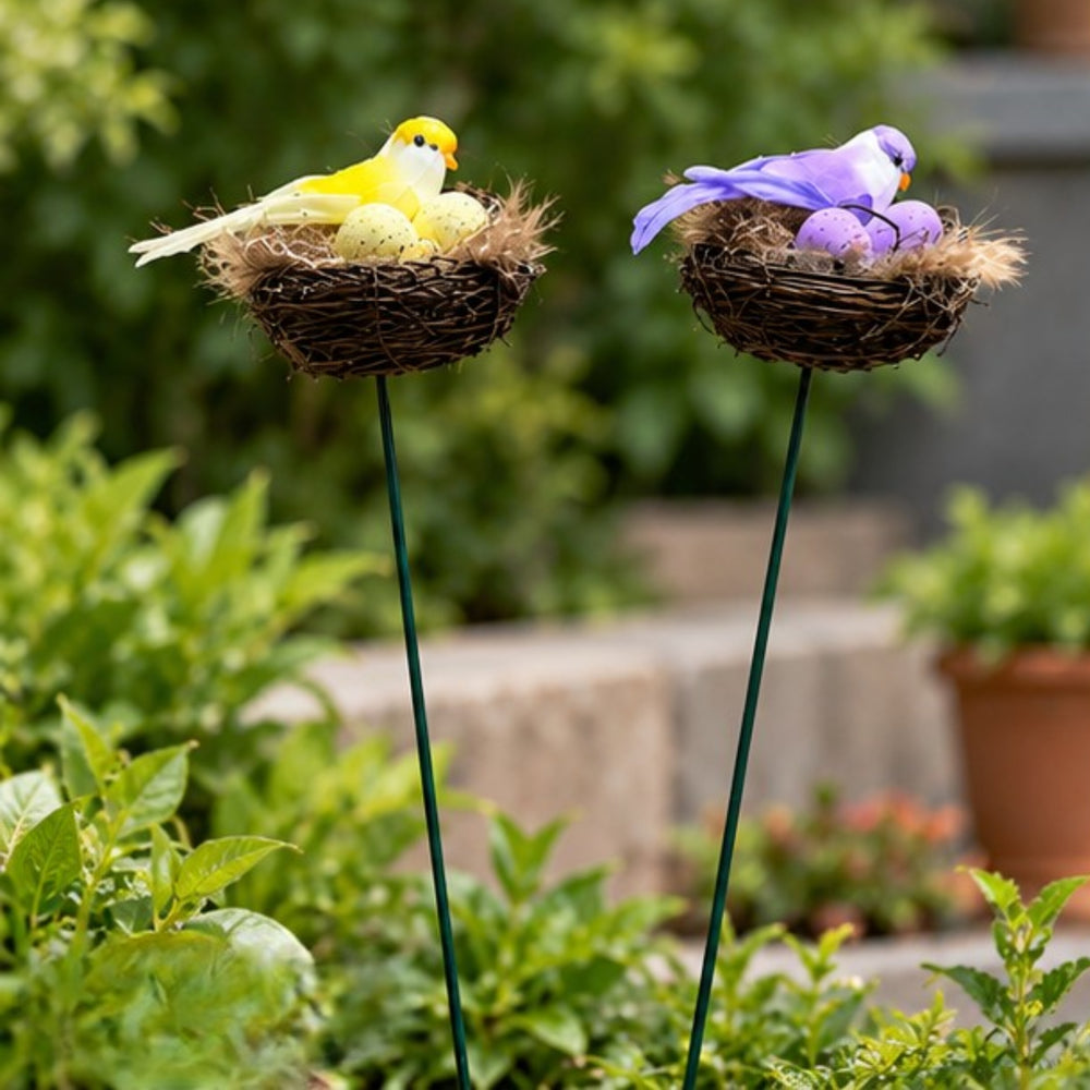 Yellow & Purple Bird Nest Garden Stakes (Set of 2) – Decorative Songbird & Egg Nest Sticks for Planters, Balcony & Garden Decor