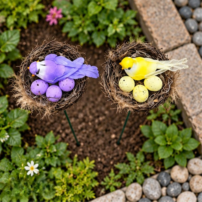 Yellow & Purple Bird Nest Garden Stakes (Set of 2) – Decorative Songbird & Egg Nest Sticks for Planters, Balcony & Garden Decor