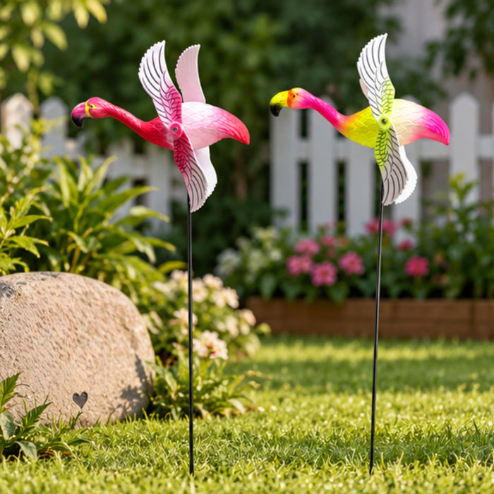 Vibrant Flying Flamingo Wind Spinners (Set of 2) – Pink Kinetic Garden Stakes for Outdoor Space, Flower Pots & Patio Borders