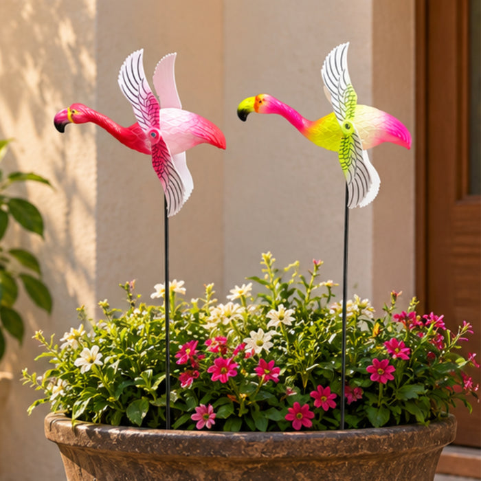 Vibrant Flying Flamingo Wind Spinners (Set of 2) – Pink Kinetic Garden Stakes for Outdoor Space, Flower Pots & Patio Borders