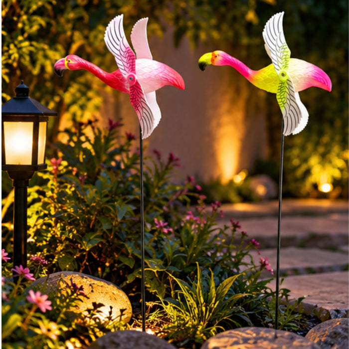 Vibrant Flying Flamingo Wind Spinners (Set of 2) – Pink Kinetic Garden Stakes for Outdoor Space, Flower Pots & Patio Borders