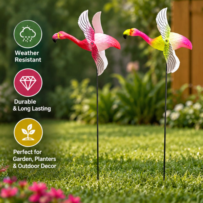 Vibrant Flying Flamingo Wind Spinners (Set of 2) – Pink Kinetic Garden Stakes for Outdoor Space, Flower Pots & Patio Borders