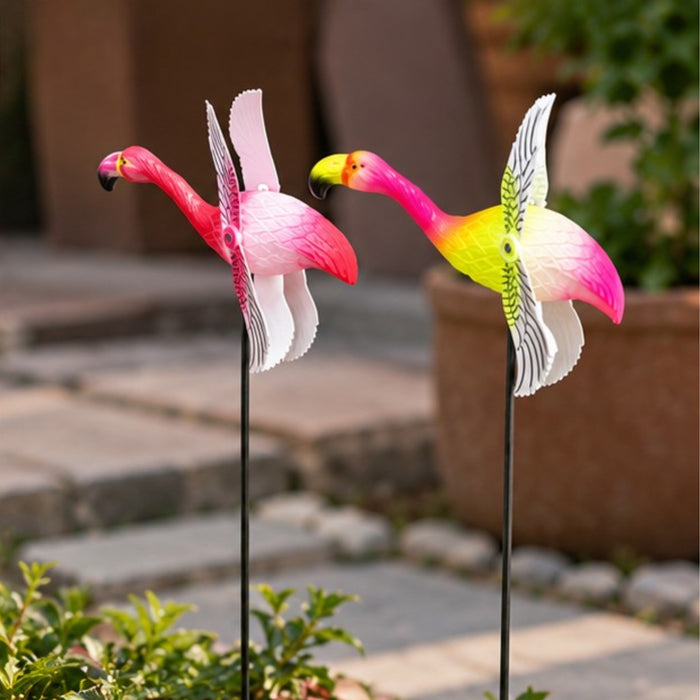 Vibrant Flying Flamingo Wind Spinners (Set of 2) – Pink Kinetic Garden Stakes for Outdoor Space, Flower Pots & Patio Borders