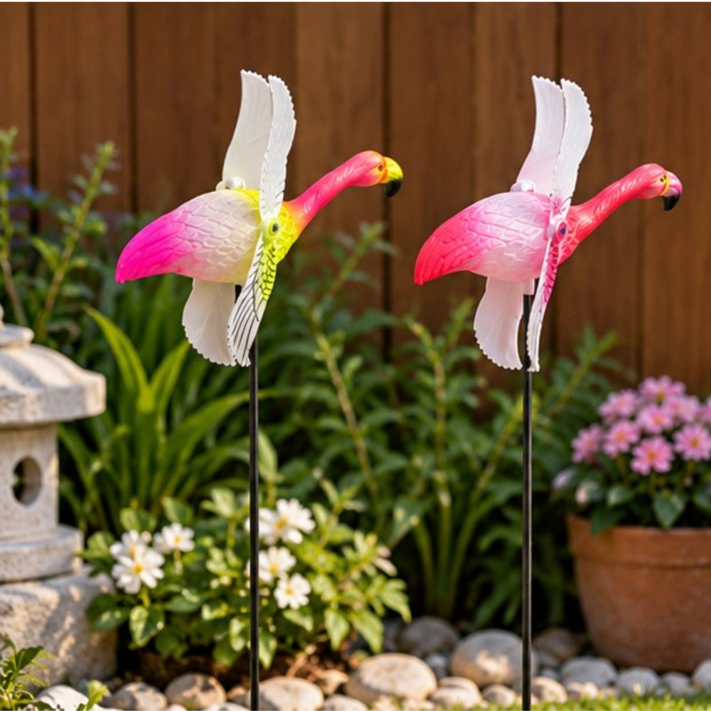 Vibrant Flying Flamingo Wind Spinners (Set of 2) – Pink Kinetic Garden Stakes for Outdoor Space, Flower Pots & Patio Borders