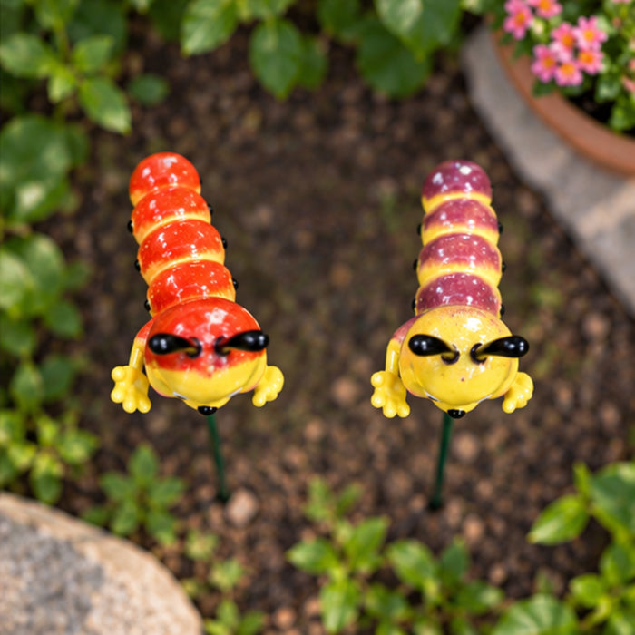 Cute Caterpillar Garden Stakes (Set of 2) – Brown & Red Plant Sticks for Potted Plants, Terrariums & Balcony Gardens