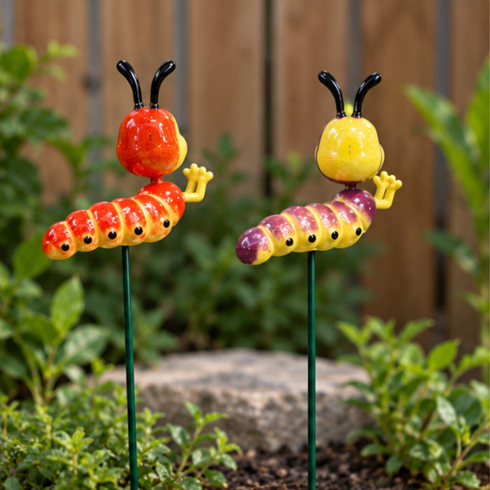 Cute Caterpillar Garden Stakes (Set of 2) – Brown & Red Plant Sticks for Potted Plants, Terrariums & Balcony Gardens