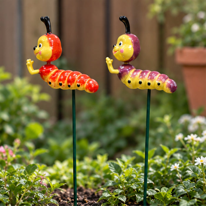 Cute Caterpillar Garden Stakes (Set of 2) – Brown & Red Plant Sticks for Potted Plants, Terrariums & Balcony Gardens