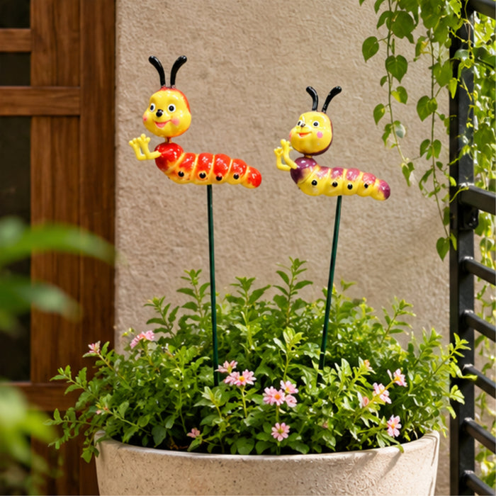 Cute Caterpillar Garden Stakes (Set of 2) – Brown & Red Plant Sticks for Potted Plants, Terrariums & Balcony Gardens