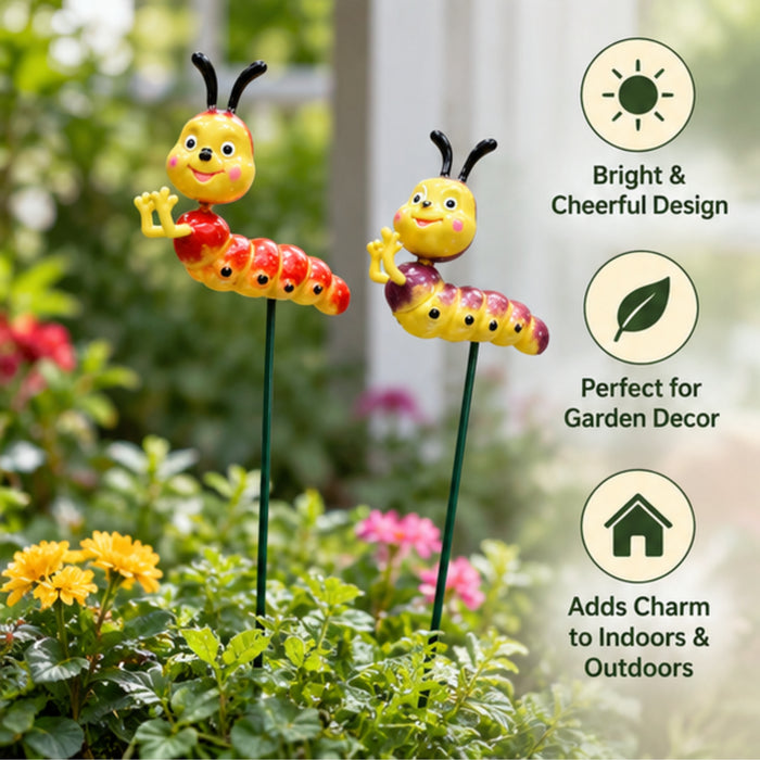 Cute Caterpillar Garden Stakes (Set of 2) – Brown & Red Plant Sticks for Potted Plants, Terrariums & Balcony Gardens
