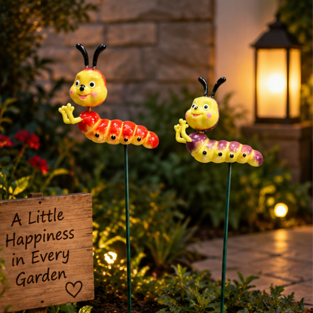 Cute Caterpillar Garden Stakes (Set of 2) – Brown & Red Plant Sticks for Potted Plants, Terrariums & Balcony Gardens
