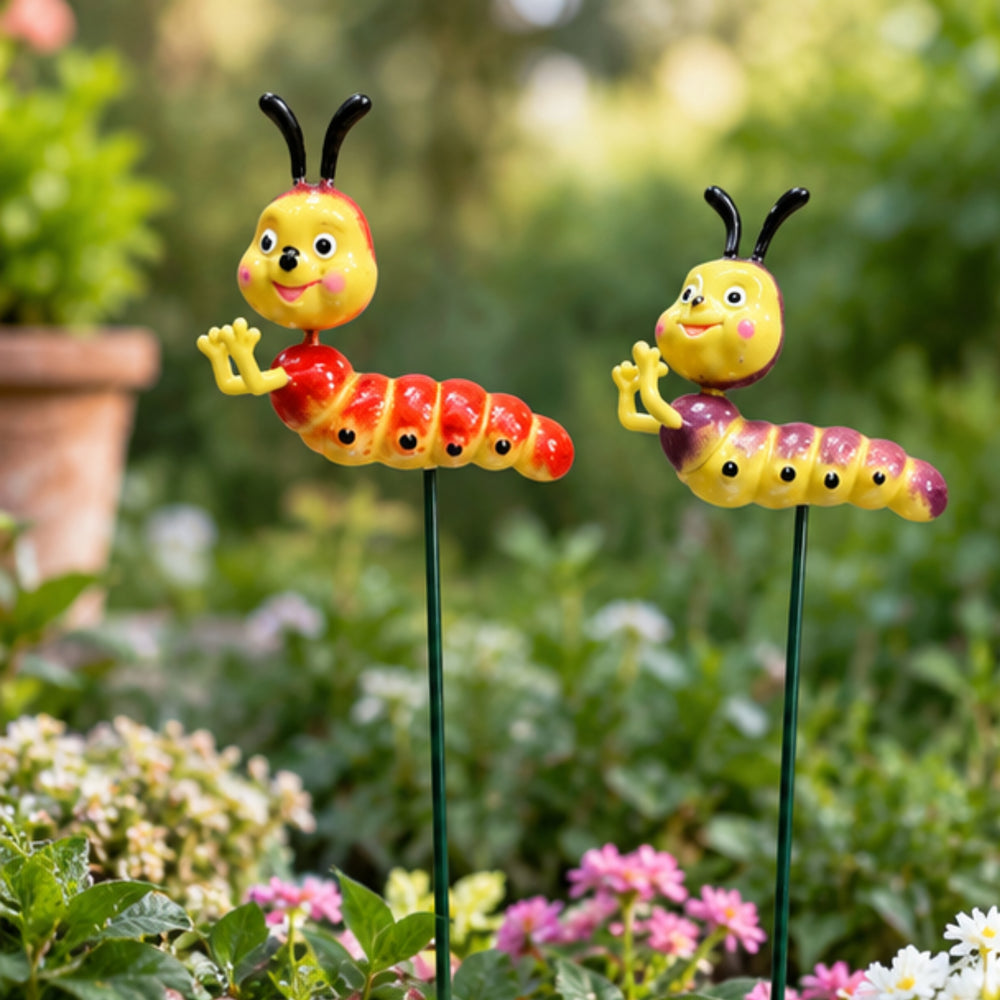 Cute Caterpillar Garden Stakes (Set of 2) – Brown & Red Plant Sticks for Potted Plants, Terrariums & Balcony Gardens