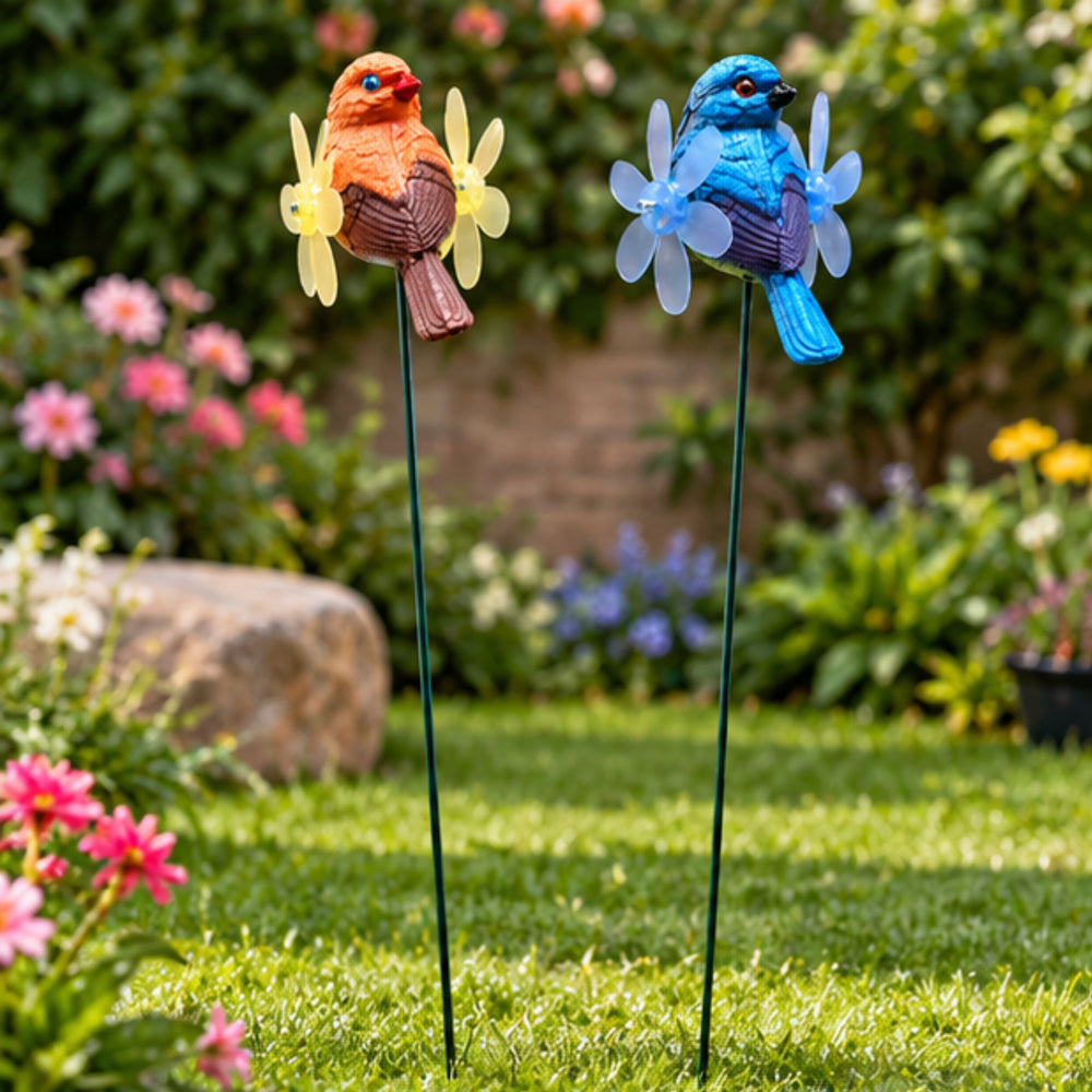 Kinetic Bird Garden Wind Spinners with Wooden Base (Set of 2) – Blue & Orange Songbird Stakes for Zen Gardens & Patio Decor