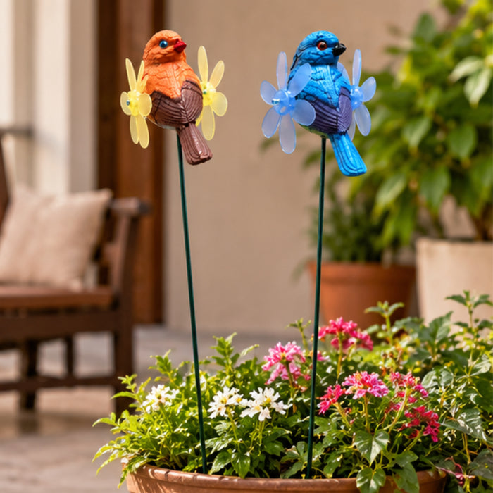 Kinetic Bird Garden Wind Spinners with Wooden Base (Set of 2) – Blue & Orange Songbird Stakes for Zen Gardens & Patio Decor