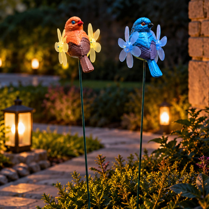 Kinetic Bird Garden Wind Spinners with Wooden Base (Set of 2) – Blue & Orange Songbird Stakes for Zen Gardens & Patio Decor