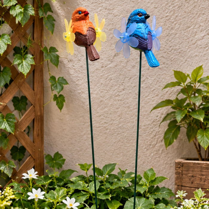 Kinetic Bird Garden Wind Spinners with Wooden Base (Set of 2) – Blue & Orange Songbird Stakes for Zen Gardens & Patio Decor