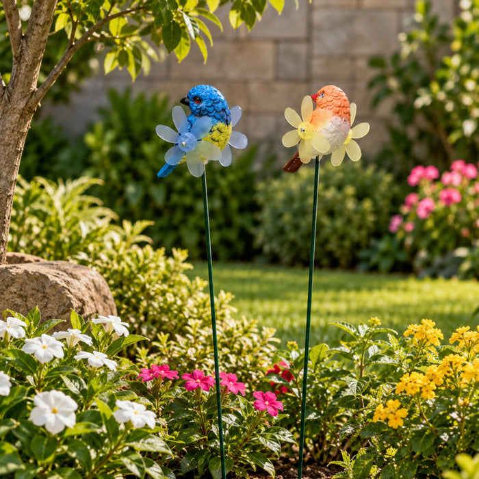Kinetic Bird Garden Wind Spinners with Wooden Base (Set of 2) – Blue & Orange Songbird Stakes for Zen Gardens & Patio Decor