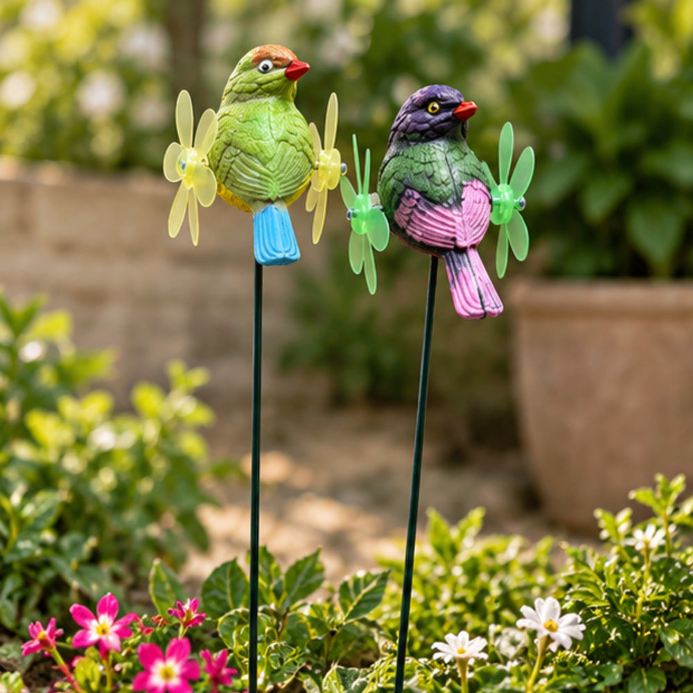 Whimsical Bird Garden Stakes with Kinetic Flower Pinwheels (Set of 2) – Purple & Yellow Songbird Stakes for Planters & Patio
