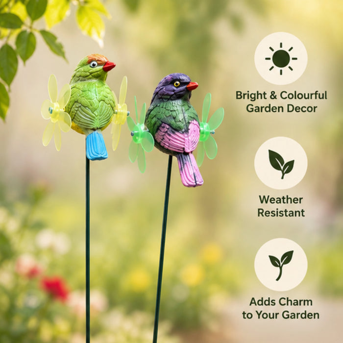 Whimsical Bird Garden Stakes with Kinetic Flower Pinwheels (Set of 2) – Purple & Yellow Songbird Stakes for Planters & Patio