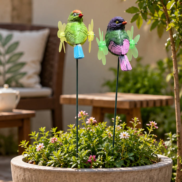 Whimsical Bird Garden Stakes with Kinetic Flower Pinwheels (Set of 2) – Purple & Yellow Songbird Stakes for Planters & Patio