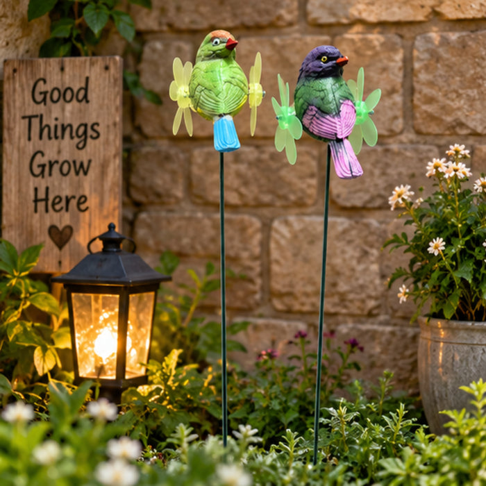 Whimsical Bird Garden Stakes with Kinetic Flower Pinwheels (Set of 2) – Purple & Yellow Songbird Stakes for Planters & Patio