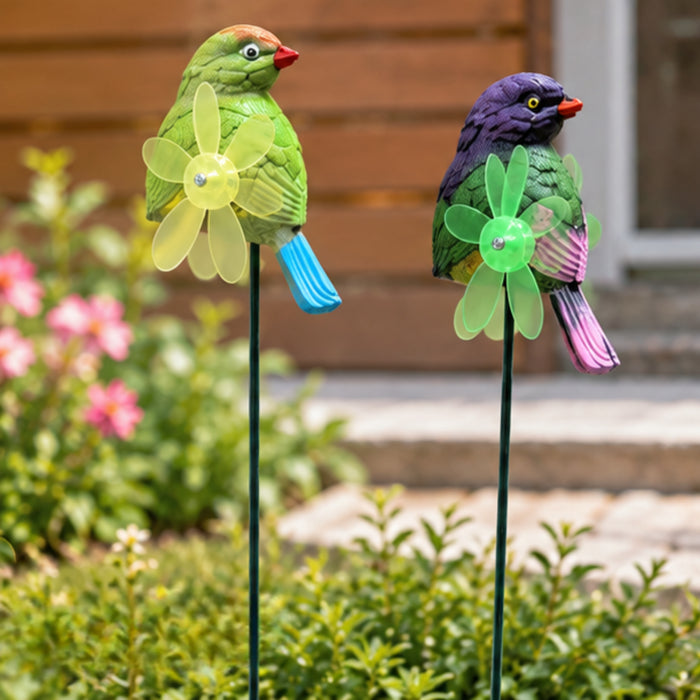 Whimsical Bird Garden Stakes with Kinetic Flower Pinwheels (Set of 2) – Purple & Yellow Songbird Stakes for Planters & Patio
