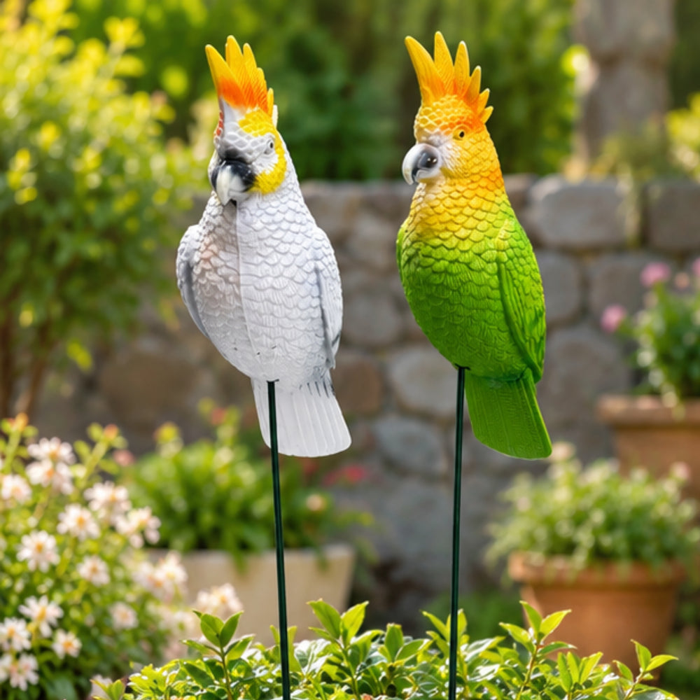 Decorative Parrot & Cockatoo Garden Stakes (Set of 2) – Green & White Bird Plant Sticks for Pots & Floral Arrangements