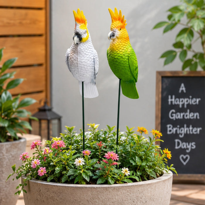 Decorative Parrot & Cockatoo Garden Stakes (Set of 2) – Green & White Bird Plant Sticks for Pots & Floral Arrangements