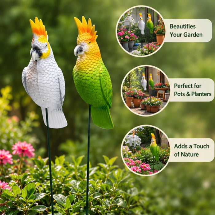 Decorative Parrot & Cockatoo Garden Stakes (Set of 2) – Green & White Bird Plant Sticks for Pots & Floral Arrangements