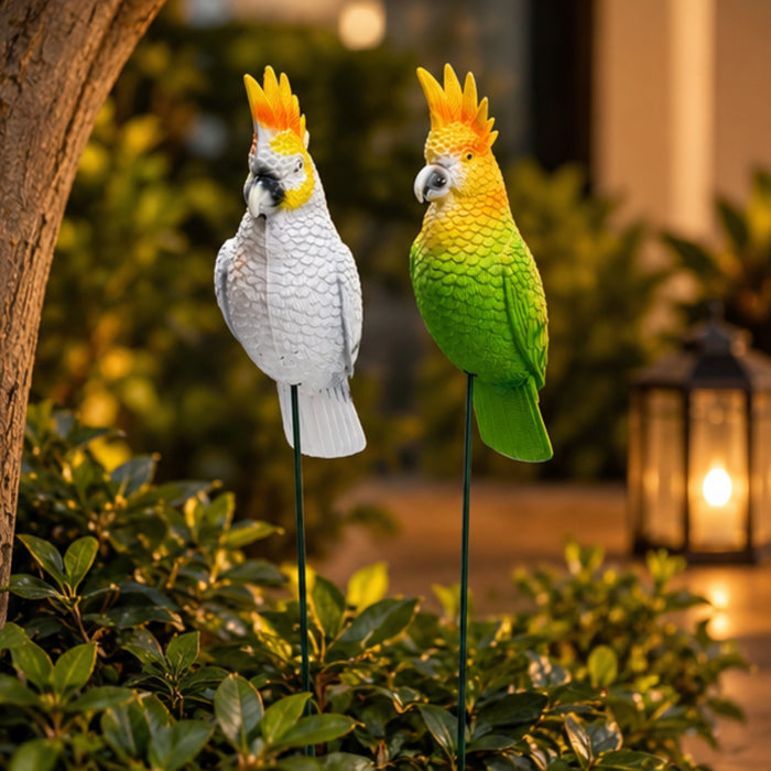 Decorative Parrot & Cockatoo Garden Stakes (Set of 2) – Green & White Bird Plant Sticks for Pots & Floral Arrangements