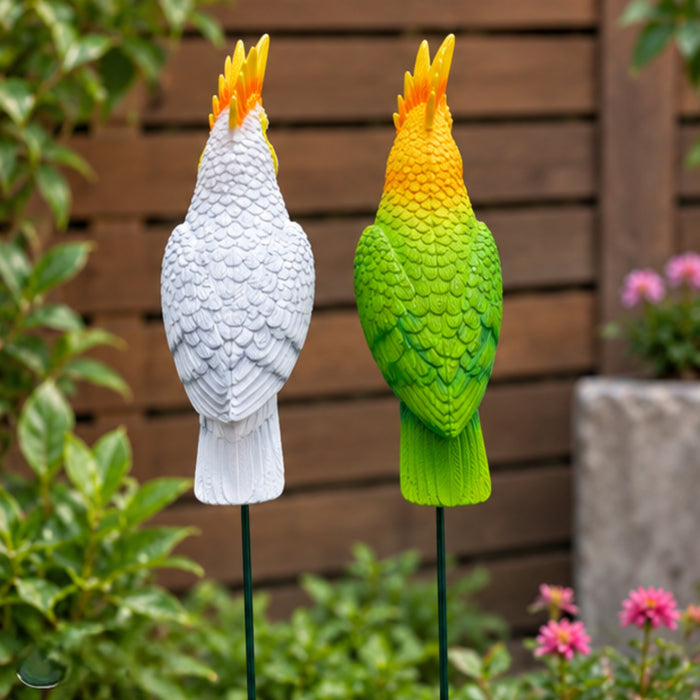 Decorative Parrot & Cockatoo Garden Stakes (Set of 2) – Green & White Bird Plant Sticks for Pots & Floral Arrangements