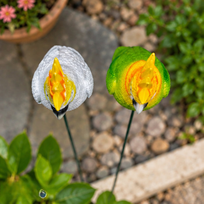 Decorative Parrot & Cockatoo Garden Stakes (Set of 2) – Green & White Bird Plant Sticks for Pots & Floral Arrangements