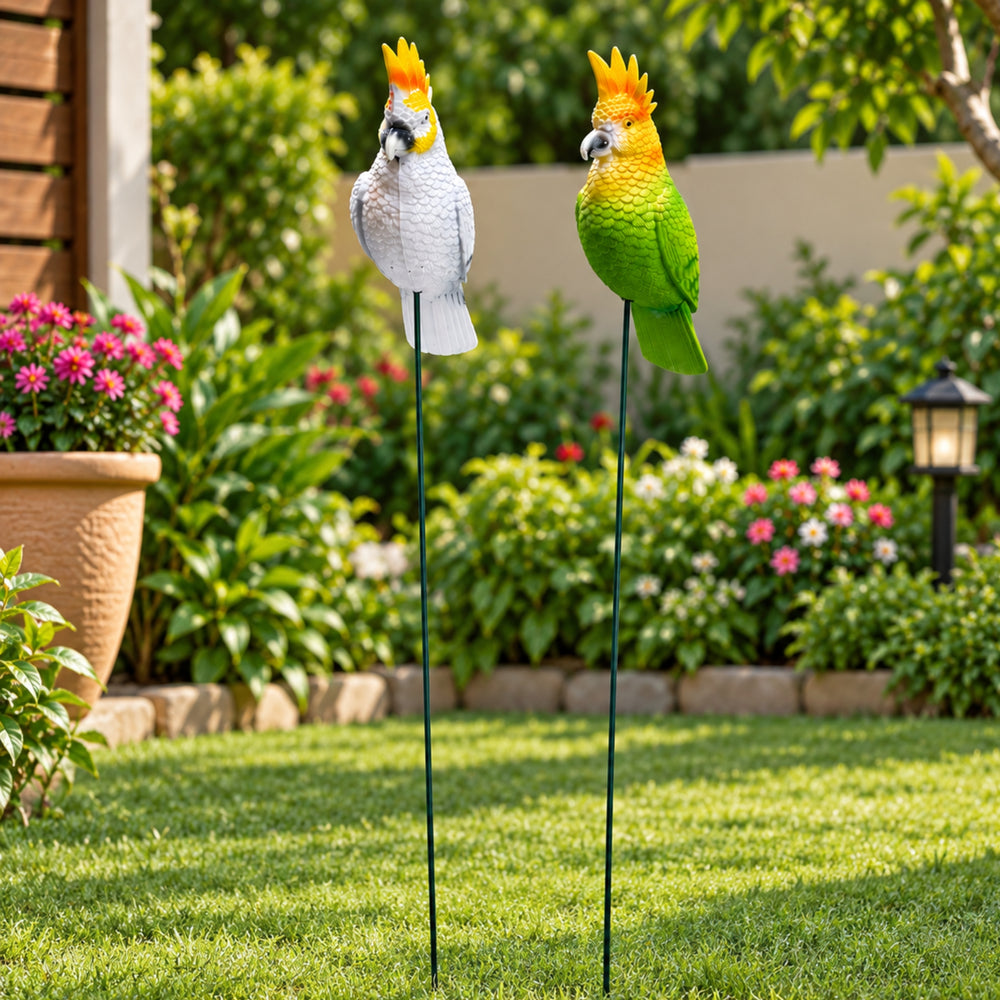 Decorative Parrot & Cockatoo Garden Stakes (Set of 2) – Green & White Bird Plant Sticks for Pots & Floral Arrangements