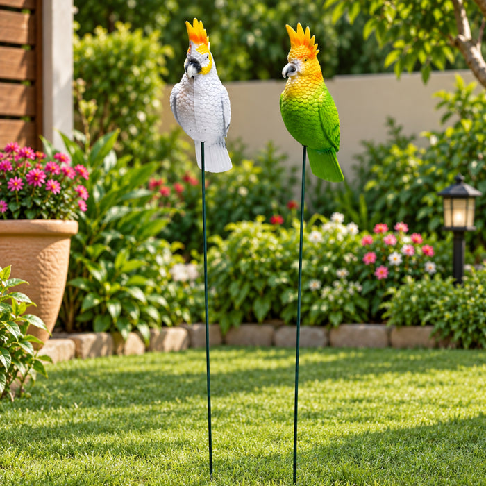 Decorative Parrot & Cockatoo Garden Stakes (Set of 2) – Green & White Bird Plant Sticks for Pots & Floral Arrangements