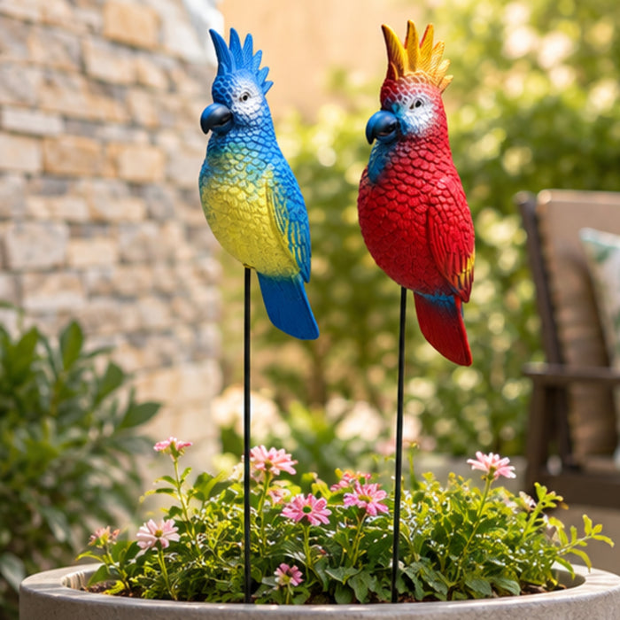 Vibrant Tropical Parrot Garden Stakes (Set of 2) – Red & Blue Hand-Painted Bird Sticks for Flowerbeds & Lawn Borders